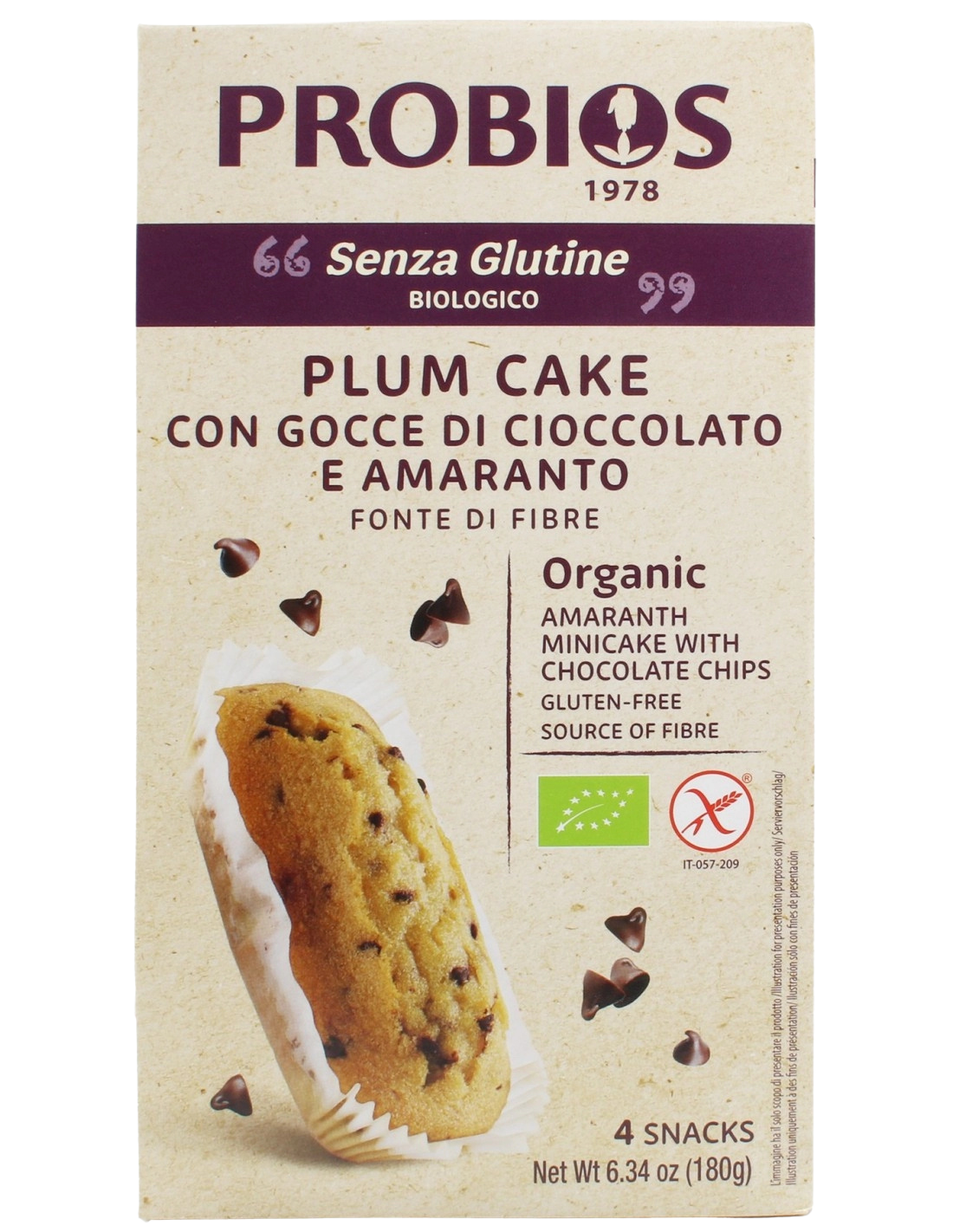 Ciasto śliwkowe z kawałkami czekolady i amarantusem Plum Cake Con Gocce Di Cioccolato E Amaranto 180g